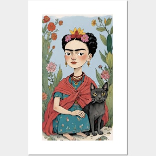 Frida and Her Feline Friend: Cartoon Illustration Posters and Art